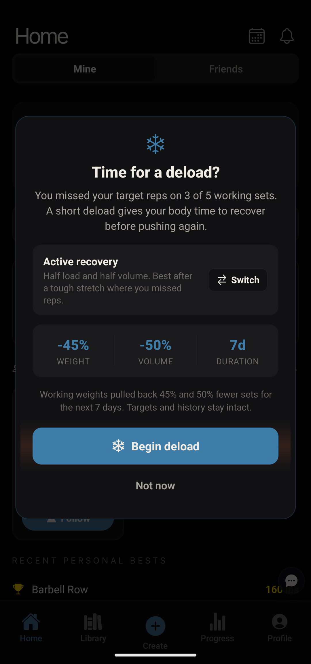Anneal screenshot: a 'Time for a deload?' prompt after a run of grinding sessions