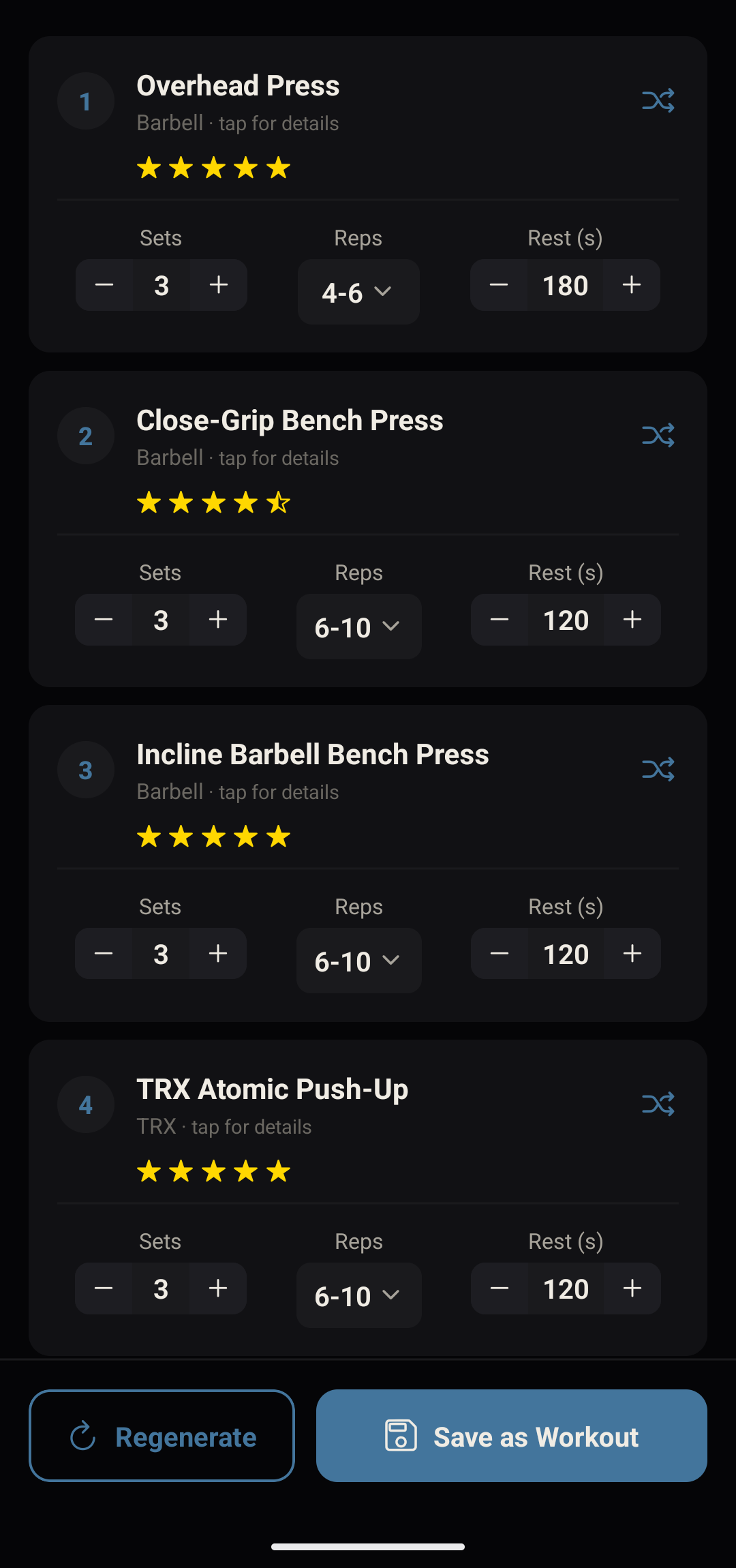 Anneal screenshot: a generated push workout with sets, reps, and rest for each lift