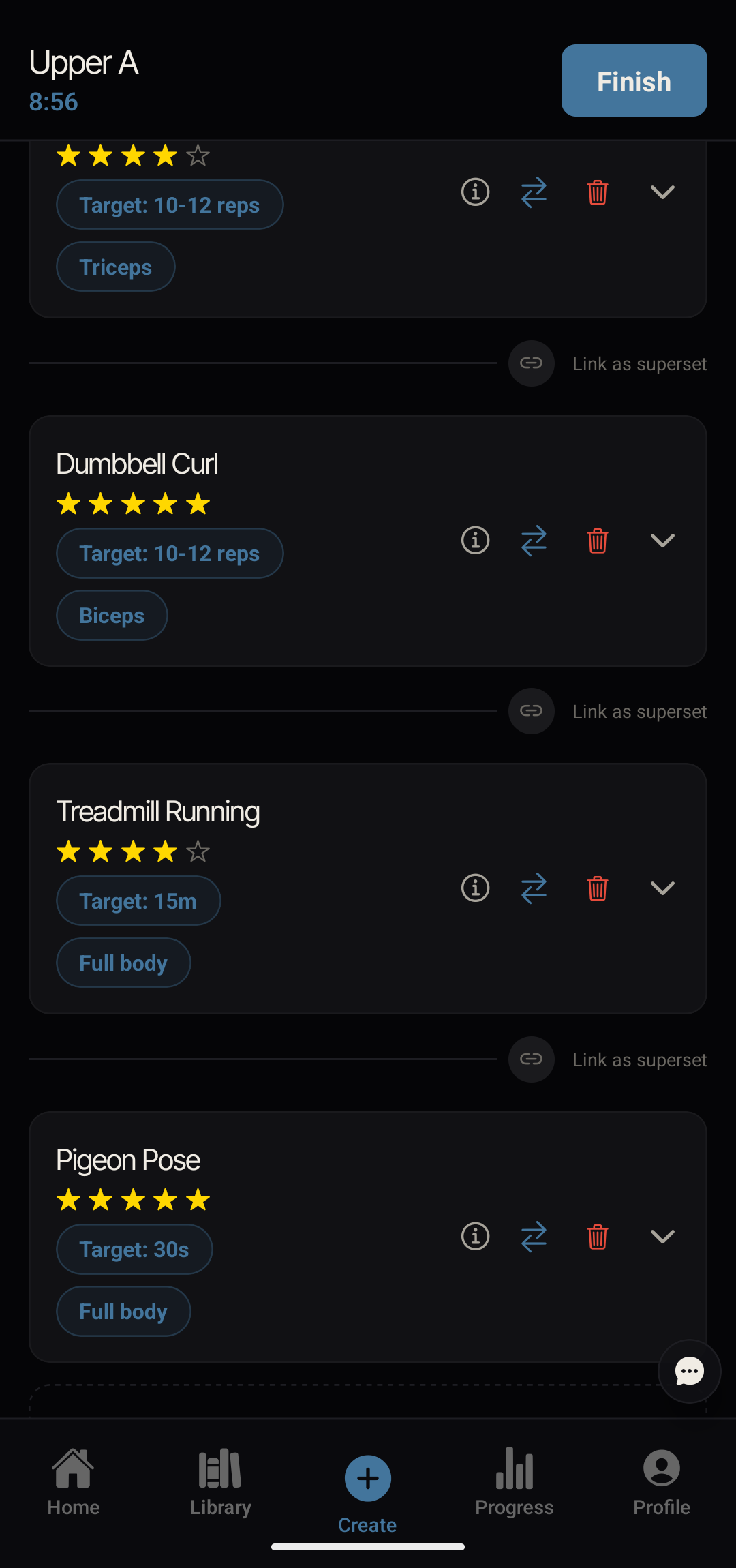 Anneal screenshot: one workout log with a barbell lift, treadmill cardio, and a timed mobility hold